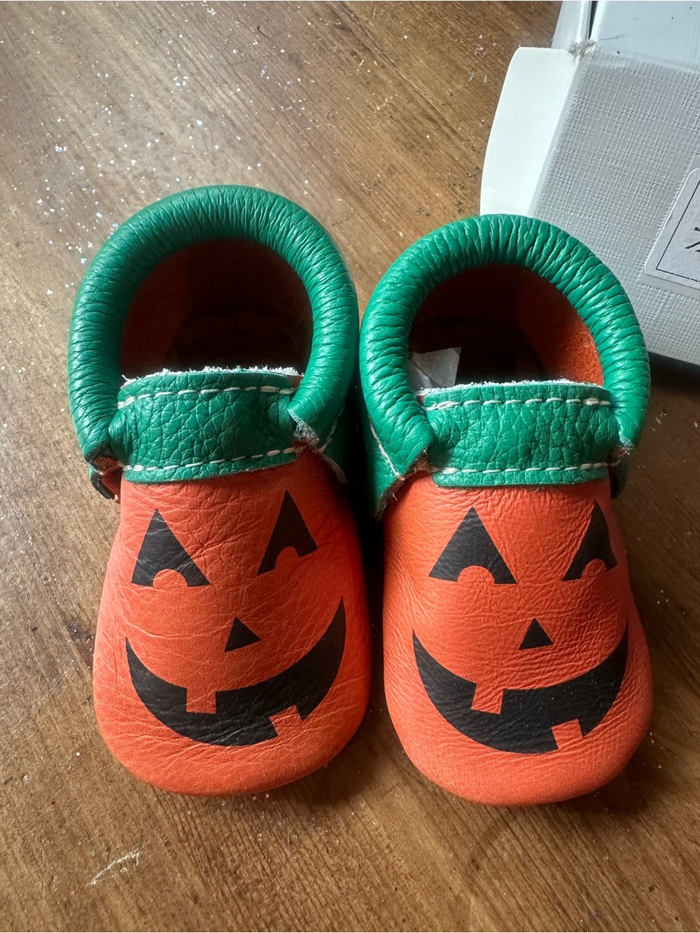 Freshly Picked Orange Pumpkin Jack-O'-Lantern Baby Slip-On Shoes with Green Trim
